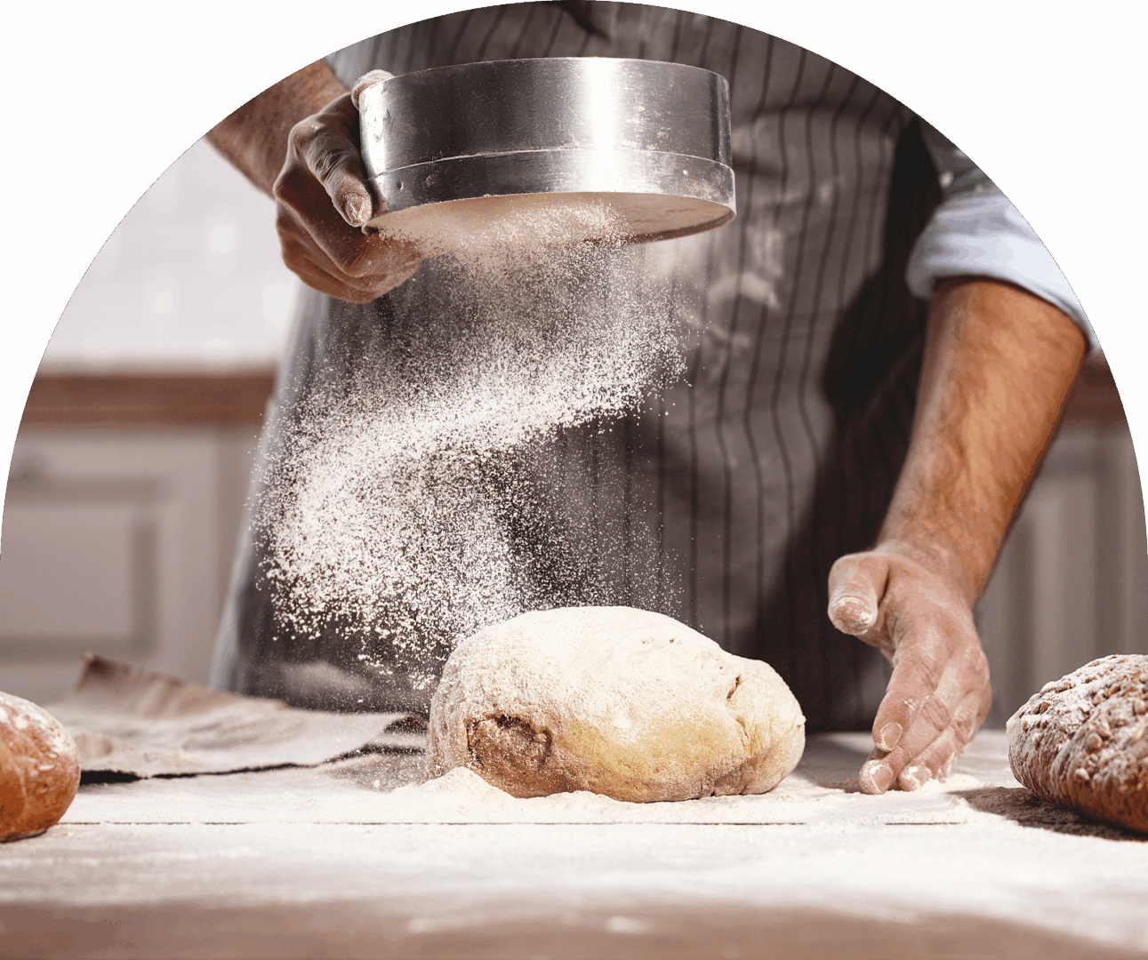 A person is making bread dough with flour.
